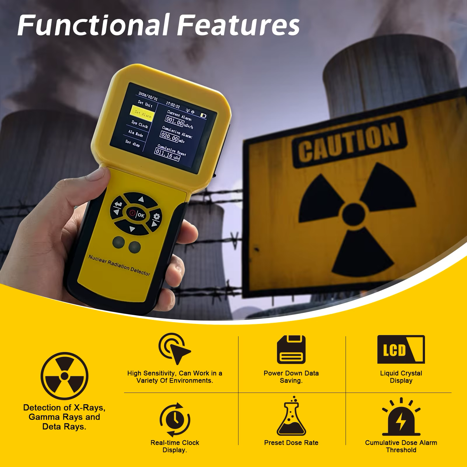 HP-886A functional features — X-ray, gamma, beta detection, real-time clock, preset dose rate, cumulative alarm