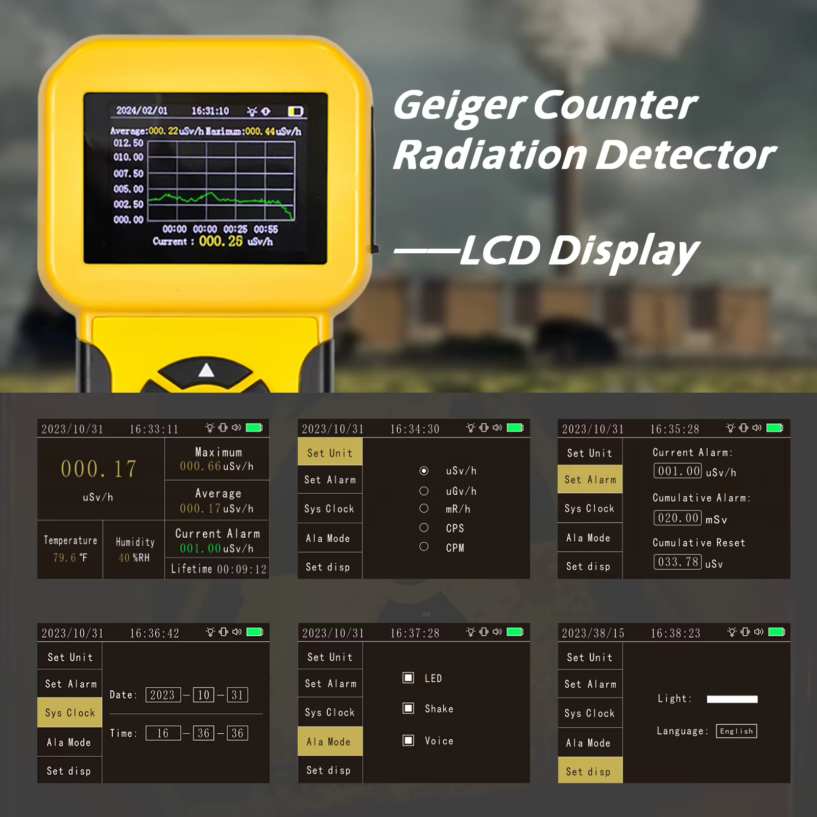 HP-886A LCD interface showing radiation graph, settings menus, alarm configuration, and dosage unit selection