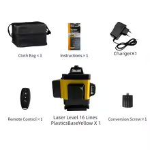 Package contents — cloth bag, instructions, charger, remote control, conversion screw, laser level unit