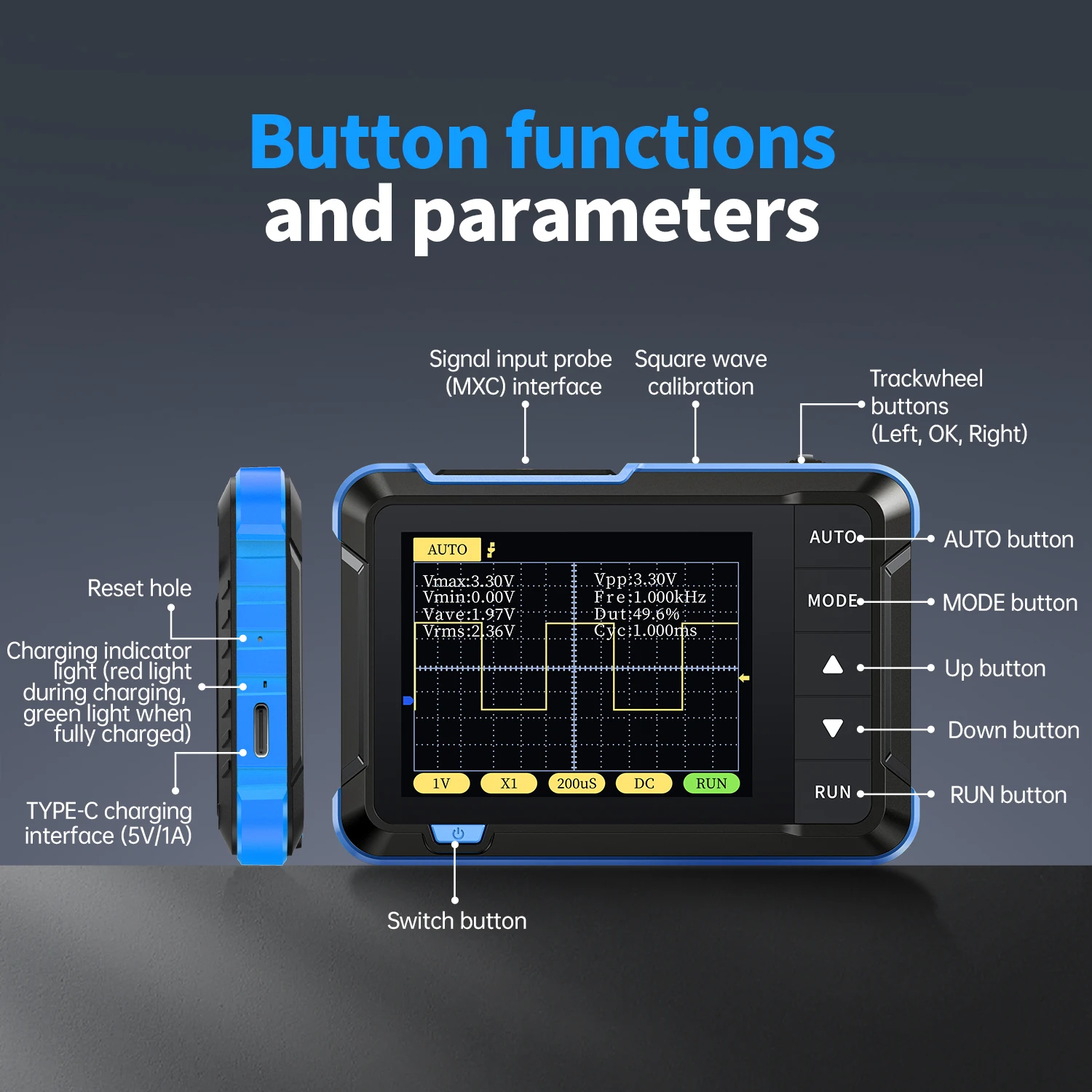 DSO152 button functions and parameters — probe interface, calibration, trackwheel, mode selection