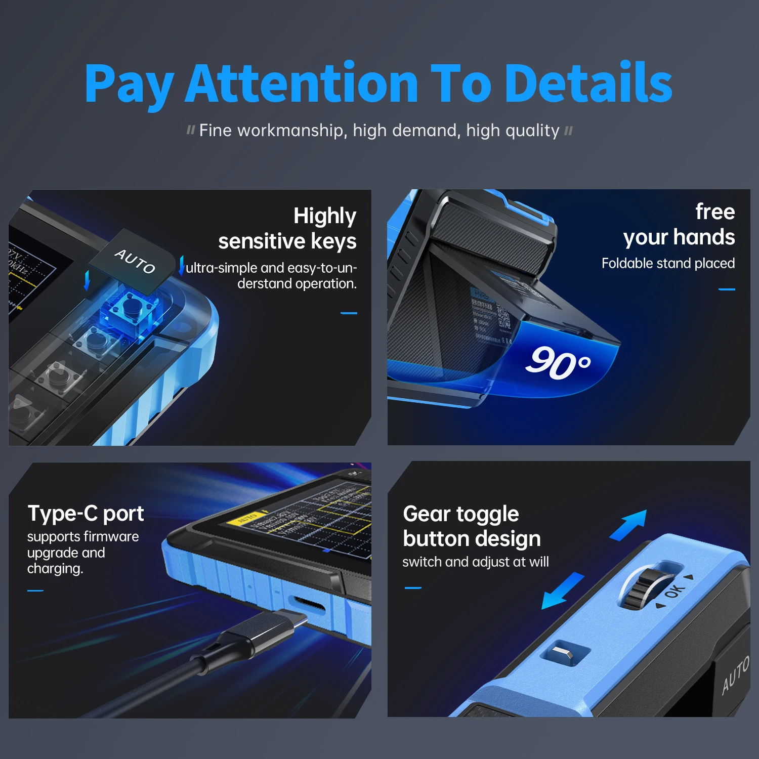 DSO152 detail views — USB-C port, foldable kickstand, button layout, gear toggle