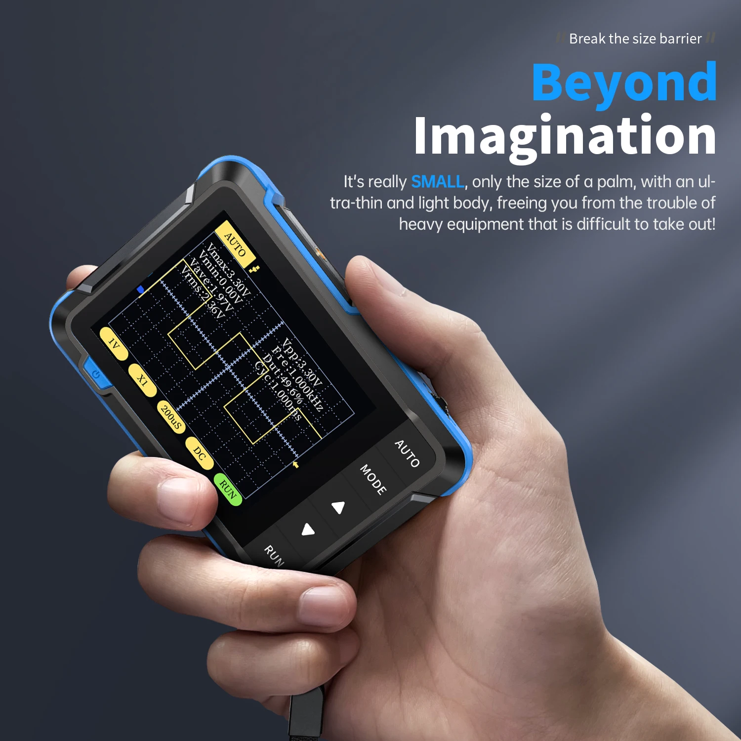 DSO152 palm-sized handheld oscilloscope showing waveform on color LCD