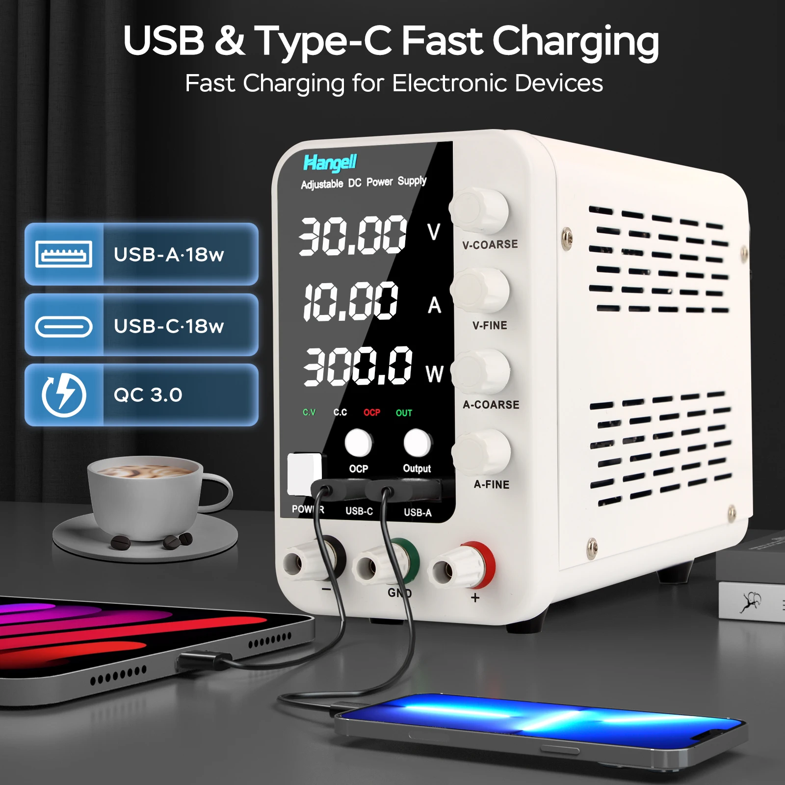 DC power supply USB-A and USB-C 18W fast charging with QC 3.0 — charging phone and tablet simultaneously