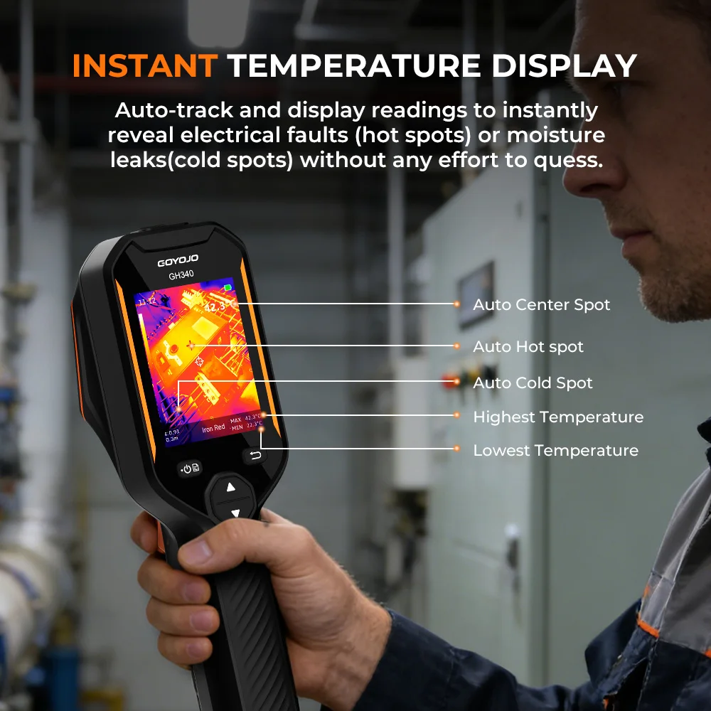 GH340 instant temperature display — auto tracking hot spots, cold spots, center point, highest and lowest readings