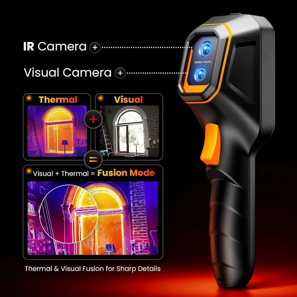 GH340 dual-camera system — IR camera, visual camera, and fusion mode overlay