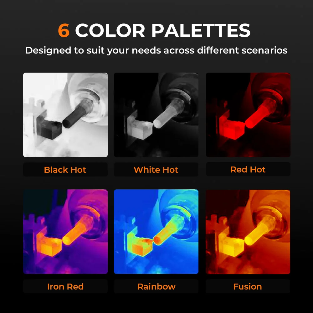 6 thermal color palettes — Black Hot, White Hot, Red Hot, Iron Red, Rainbow, Fusion
